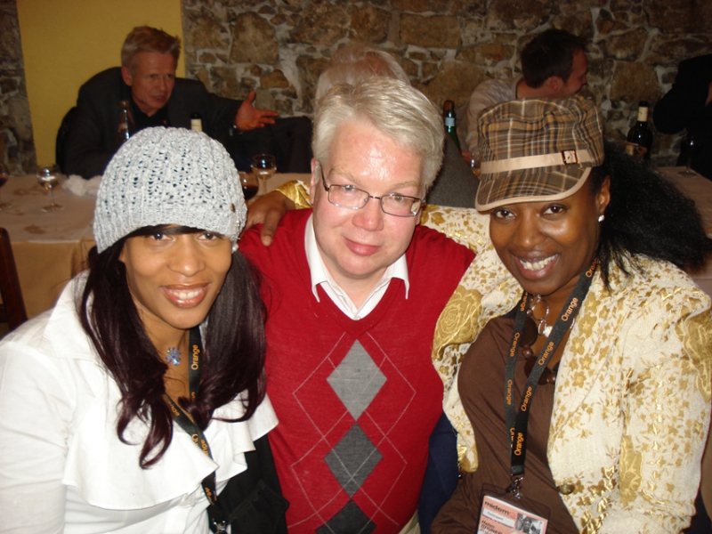 MIDEM 2010 � ZOHO President Jochen Becker hard at work networkin� with Helen Bruner (right) and Terry Jones, two R & B producers and singers, and 2009 GRAMMY nominees, from Philadelphia.