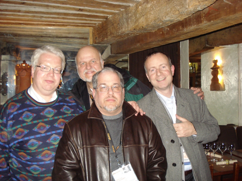 IDEM 2010 - Well, I was just minding my own business on the last evening of MIDEM, looking for a restaurant for dinner by myself, when I was abducted against my will by these tough-looking characters from the classical music industry who forced me to eat and drink with them � from left: JB, Charles Osborne and Joe Bickhardt from Premiere Distributors, and Todd Landor from Musical Concepts.