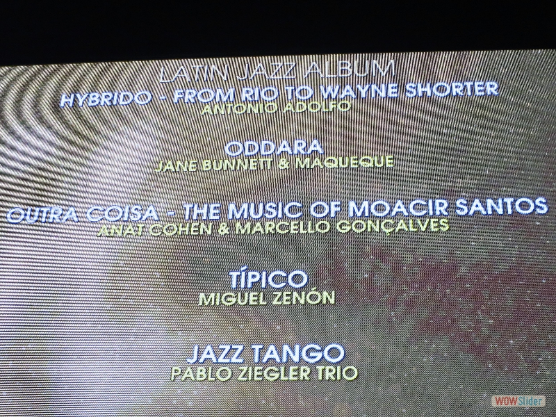 January 28, 2018: The big screen lighting up with the five nominees in the Latin Jazz category, all world class, incredible albums!