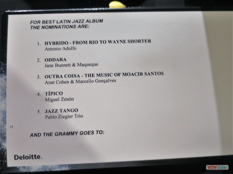 January 28, 2018: The announcer allowed us to keep the actual JAZZ TANGO awards announcement card as a souvenir.