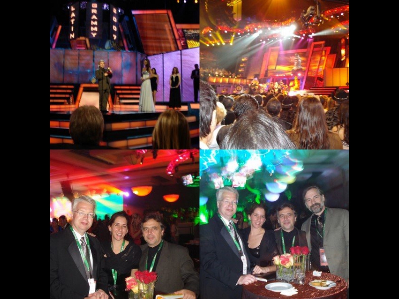 Las Vegas, November 8, 2007: ZOHO having fun at the LATIN GRAMMYs! ZOHO had 2 nominations: RAY BARRETTO in Best Instrumental Album category, and DAFNIS PRIETO in Best New Artist category. We also represented RAUL JAURENA in the Best Tango Album category through our sub-distributed label SOUNDBRUSH RECORDS. Raul won! Top left photo: ZOHO artist PABLO ASLAN, co-producer of Raul;s record. accepting the GRAMMY on Raul's behalf. Photo bottom right: and from left: Jochen Becker, ZOHO; Alex Aron, Soundbrush Records, Pablo Aslan, and Forrest Faubion from our North America distributor Allegro Media Group.