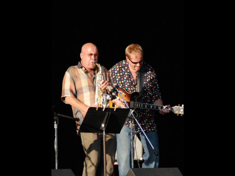 South Orange, NJ, September 20, 2008: ZOHO artists Steve Slagle (left) and Dave Stryker (right), jamming out at the OSPAC Center Open Air Festival.