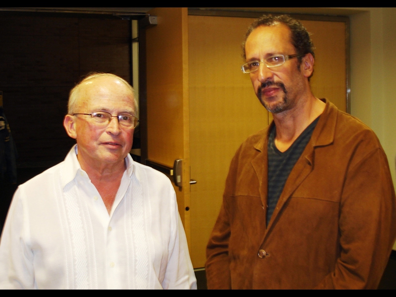 October 9, 2009: ZOHO artists meet : Colombian pianist and 2008 GRAMMY nominee Hector Martignon saying hello to Brasilian acoustic guitarist Carlos Barbosa-Lima after Carlos' solo concert celebrating the release of his fifth ZOHO CD 