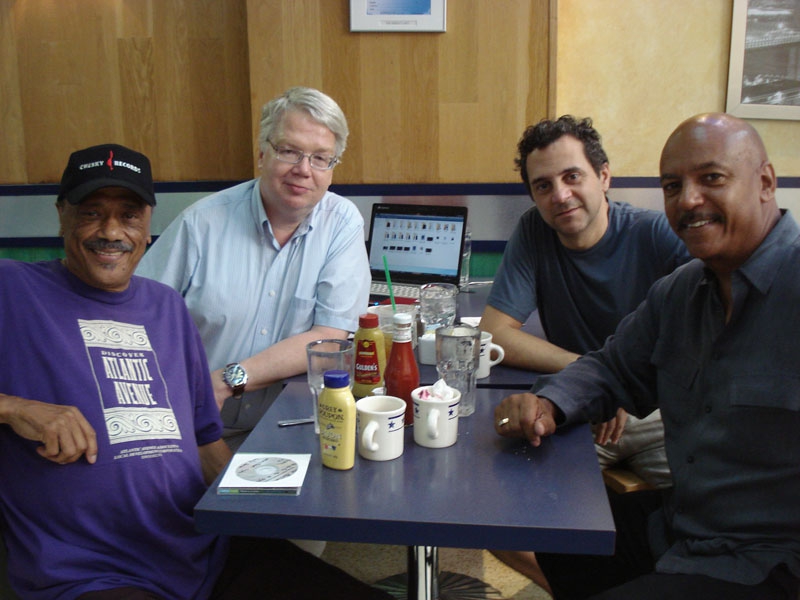 July 27, 2010: Done! Two members of The Persuasions - Jimmy Hayes on left, and Dave Revels on right, celebratin' the completion of the master for The Persuasions' new masterwork KNOCKIN'ON BOB'S DOOR, with ZOHO label head Jochen Becker and Argentinian mastering engineer extraordinaire Fernando Martinez, 2nd from the right - at a diner on East 41st Street in Manhattan.
