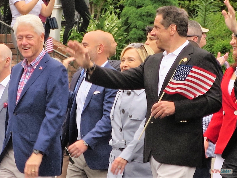 May 28, 2018: today is Memorial Day parade in our hamlet of Chappaqua, NY. In the marching parade following the local middle and high school bands, fire trucks, veterans and senior citizensí groups, etc., we spotted Bill and Hilary C. Their full last name escapes me at the moment. Walking with them was the Governor of a certain East Coast state.