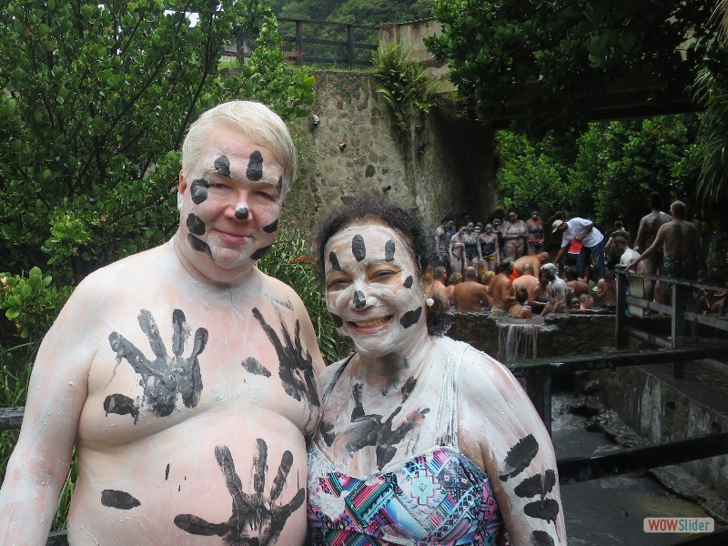 July 31, 2018: In St. Lucia, we cooled off from the summer heat by jumping into the local hot sulphur springs, and then covering ourselves with volcanic mud. We were being told that this is a healthy exercise which is good for your skin!