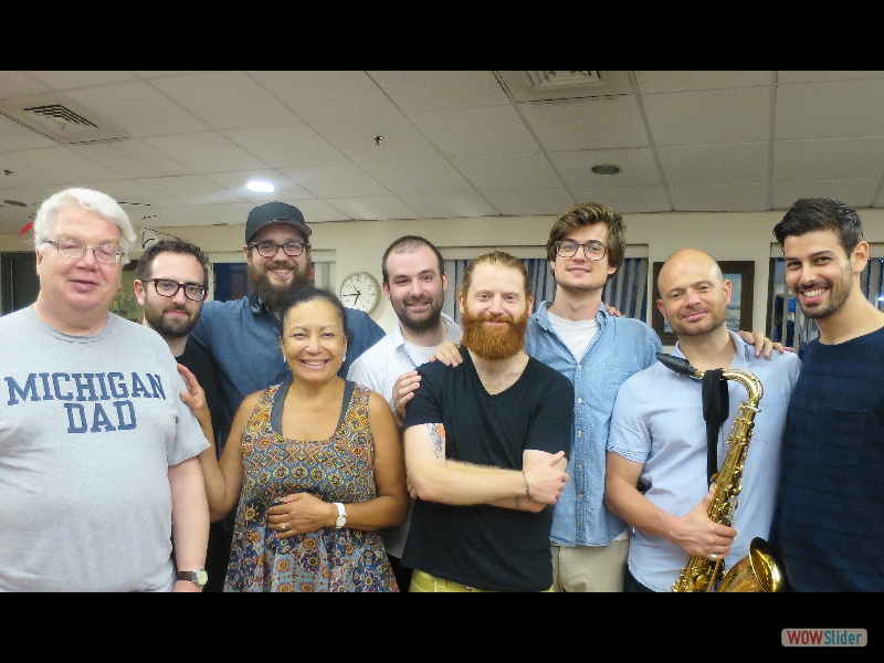 August 17, 2018 Jochen and Iris with new ZOHO artist, trumpeter Michael Sarian and his band THE CHABONES ( = The Dudes) after their gig of playing edgy Brooklyn jazz in Tarrytown, New York.