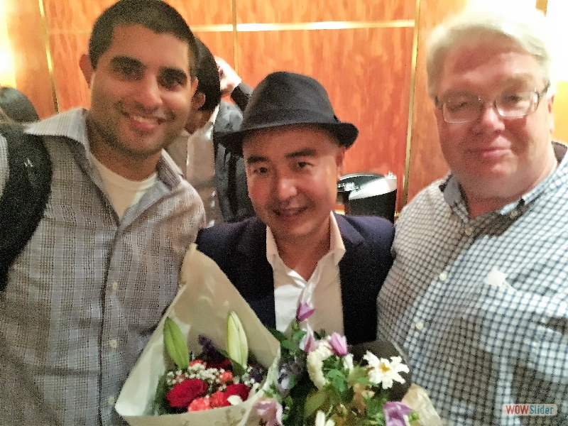 September 21, 2018: Celebrating after the concert. From left: multiple Grammy winning producer Kabir Sehgal, Dongfeng Liu, Jochen from ZOHO. Photo: Iris Becker.