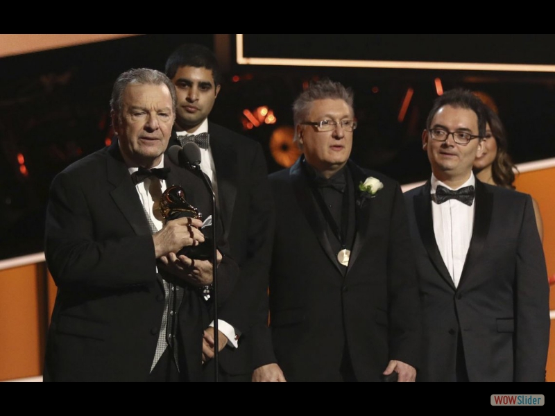 January 28, 2018: The winners on stage, accepting the GRAMMY award : from left Pablo Ziegler, producer Kabir Sehgal, guitarist Claudio Ragazzi, bandoneonist Hector Del Curto.