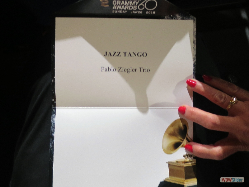 January 28, 2018: The announcer allowed us to keep the actual JAZZ TANGO awards announcement card as a souvenir.