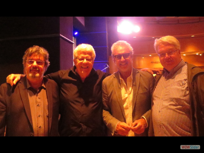 August 27, 2019: At Dizzy's Club Coca Cola in Manhattan meeting up with good friends and ZOHO artists Trio Da Paz from left, Duduka Da Fonseca, Romero Lubambo, Nilson Matta, with ZOHO chief Jochen Becker who were in the midst of a two-week residency at the famous jazz club.
